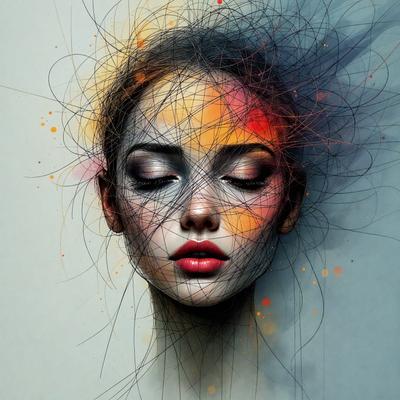 The primary subject of the image is a woman with a pouting mouth, painted in a vibrant color palette. The setting is a white background, which contrasts with the woman's face and the colorful artwork. The visual style is a combination of digital art and illustration, creating a unique and eye-catching portrait. The colors and mood of the image are lively and energetic, with the woman's lips and the surrounding artwork being the main focus of the scene.